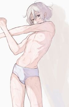 Rule 34 | 1boy, bulge, cross-body stretch, dungeon meshi, highres, male focus, male underwear, mchi125, mithrun, navel, nipples, pointy ears, scar, short hair, solo, standing, underwear, white hair, white male underwear