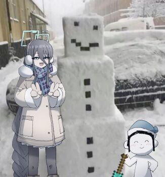 1boy 1girl :d absurdres aris_(blue_archive) aris_(winter)_(blue_archive) black_hair black_pantyhose blue_archive blue_eyes blue_halo blush boots braid brown_coat car closed_mouth coat commentary doodle_sensei_(blue_archive) fur-trimmed_coat fur_trim gloves hair_between_eyes halo headphones highres holding holding_shovel jacket kai_xin long_hair long_sleeves looking_at_viewer minecraft mittens motor_vehicle official_alternate_costume official_alternate_hairstyle open_mouth pantyhose photo_background plaid_clothes plaid_scarf pleated_skirt scarf sensei_(blue_archive) shirt shoes shovel signature skirt sleeves_past_wrists smile snow snow_golem_(minecraft) snowman standing sweater untranslatable_commentary v very_long_hair winter winter_clothes winter_coat