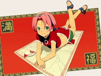 1girl ass bandana female_focus flat_chest food green_eyes haruno_sakura lying naruto_(classic) naruto_(series) pink_hair ryo_timo short_hair smile solo solo_focus