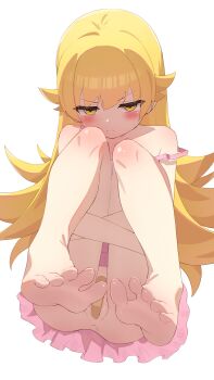 1girl bandaid bandaid_on_pussy bare_shoulders barefoot bitseon blonde_hair blush closed_mouth collarbone commentary_request dress embarrassed feet foot_focus foreshortening highres legs loli long_hair looking_at_viewer monogatari_(series) off_shoulder oshino_shinobu presenting_foot simple_background sitting soles solo toes underwear white_background white_dress yellow_eyes