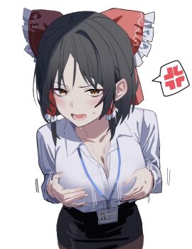 1girl anger_vein angry blush bow breasts breasts_squeezed_together brown_hair cleavage cookie_(touhou) frilled_bow frills furrowed_brow grabbing_own_breast hair_bow hair_tubes hakurei_reimu highres id_card lanyard large_breasts leggings meme motion_lines next_time_you&#039;re_getting_this_(meme) office_lady open_mouth paizuri_gesture pencil_skirt red_bow sananana_(cookie) simulated_paizuri skirt solo spoken_anger_vein sweat sweatdrop tirano_tenchou touhou white_background yellow_eyes