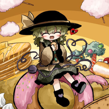 1girl black_hat black_shoes commentary_request contrast_collar donut food full_body green_hair green_skirt hair_between_eyes hat hat_ribbon heripantomorrow komeiji_koishi long_sleeves open_mouth ribbon shirt shoes sitting skirt smile solo sweets third_eye touhou wide_sleeves yellow_ribbon yellow_shirt