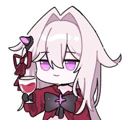 Rule 34 | 1girl, alcohol, black bow, black gloves, bow, chibi, closed mouth, commentary, cup, dress, drinking glass, gloves, grey hair, hair between eyes, hair intakes, hair ribbon, holding, holding cup, honkai (series), honkai impact 3rd, jitome, komi (mayu eo22), long hair, long sleeves, pink eyes, red dress, red ribbon, ribbon, simple background, smile, solo, thelema (honkai impact), upper body, very long hair, white background, wide sleeves, wine, wine glass