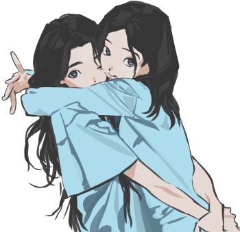 2girls arms_around_neck black_hair blue_shirt hair_over_one_eye hashtag-only_commentary highres hug illit iroha_(illit) k-pop long_hair long_sleeves looking_at_viewer loose_hair_strand medium_hair multiple_girls parted_bangs real_life shirt shiruanyways short_sleeves simple_background upper_body white_background wonhee_(illit) yuri