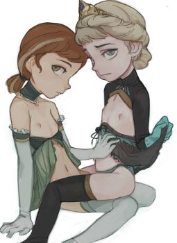2girls anna_(frozen) blonde_hair blue_eyes brown_hair disney elbow_gloves elsa_(frozen) feason female_focus flat_chest frozen_(disney) gloves green_eyes loli looking_at_viewer multiple_girls navel nipples siblings simple_background sisters source_request thighhighs tiara