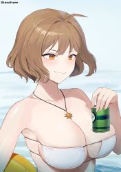 Rule 34 | 1girl, absurdres, ahoge, anis (nikke), anis (sparkling summer) (nikke), artist name, bikini, breasts, brown eyes, brown hair, can, cleavage, collarbone, drink can, eyepatch bikini, goddess of victory: nikke, grin, highres, holding, holding can, jewelry, large breasts, lendivere, pendant, short hair, skindentation, smile, soda can, solo, swimsuit, v-shaped eyebrows, white bikini