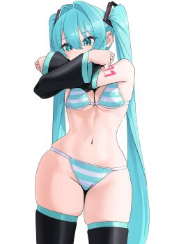 1girl absurdres amaama_(beccyonaika1) aqua_eyes aqua_hair bikini breasts commentary_request cowboy_shot detached_sleeves hair_intakes hatsune_miku highres long_hair navel number_tattoo simple_background skindentation solo striped_bikini striped_clothes swimsuit tattoo thick_thighs thighhighs thighs twintails undressing very_long_hair vocaloid wide_hips