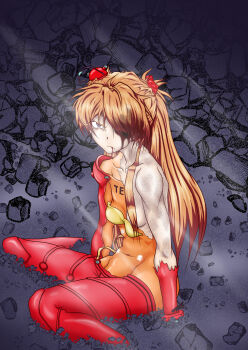 1girl absurdres arm_support artist_request blood blood_on_face bodysuit breasts breasts_out disgust full_body hair_over_one_eye highres injury long_hair looking_at_viewer mecha_pilot_suit neon_genesis_evangelion one_breast_out plugsuit_(evangelion) red_bodysuit ryona shaded_face shiny_clothes sitting skin_tight souryuu_asuka_langley sunlight test_plugsuit_(evangelion) two_side_up wide_hips