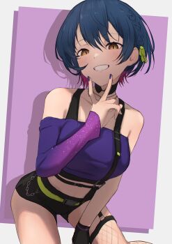 1girl absurdres asymmetrical_clothes black_choker black_gloves black_hair black_shorts black_sports_bra blouse blue_hair border bra_strap braid breasts brown_eyes center-flap_bangs chain chain_necklace choker colored_inner_hair commentary_request crop_top double-parted_bangs finger_to_own_chin fishnet_thighhighs fishnets gloves gradient_hair gradient_sleeves hand_on_own_thigh highres inward_v jewelry kaekae_kaeru large_breasts leaning_forward legwear_garter long_sleeves multicolored_hair nail_polish necklace nijisanji no_jacket off-shoulder_shirt off_shoulder official_alternate_costume official_alternate_hair_length official_alternate_hairstyle pixie_cut purple_background purple_hair purple_nails purple_shirt shirt short_hair short_shorts shorts side_braid silver_necklace single_fishnet_legwear single_glove single_legwear_garter single_sleeve single_suspender single_thighhigh slit_pupils solo sports_bra starry_sky_print thighhighs v v_over_mouth virtual_youtuber yamagami_karuta yamagami_karuta_(4th_costume)