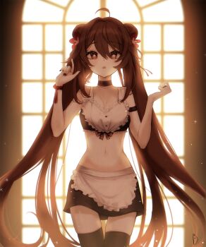 Rule 34 | 1girl, :<, absurdres, ahoge, apron, black nails, brown hair, cowboy shot, flower, genshin impact, highres, hu tao (genshin impact), jewelry, long hair, looking at viewer, maid apron, nail polish, open mouth, red eyes, ring, roze (user mwcd2533), symbol-shaped pupils, twintails