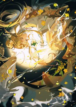 1girl absurdres black_background blonde_hair branch chinese_clothes chinese_commentary collar commentary_request cookie_run cookie_run:_kingdom curtained_hair dress facial_mark falling_petals feet_out_of_frame flower forehead_mark frilled_collar frills full_moon golden_osmanthus_cookie green_eyes hair_bun hair_flower hair_ornament half_updo highres humanization kule_canban long_hair long_sleeves looking_at_viewer moon name_connection object_namesake orange_pupils osmanthus parted_bangs parted_lips petals shirt sideways_glance single_hair_bun smile solo thurible upside-down white_shirt wide_sleeves yellow_dress yellow_flower yellow_petals