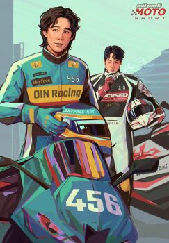 2boys absurdres black_hair bodysuit cho_sang-woo cigarette helmet highres holding holding_cigarette holding_unworn_helmet male_focus motor_vehicle motorcycle mullet multiple_boys numbered seong_gi-hun short_hair skyfree_art smoking squid_game unworn_headwear unworn_helmet