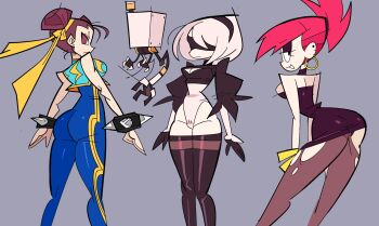 2b_(nier:automata) 3girls android arms_at_sides ass bare_shoulders black_boots black_choker black_dress black_eyes black_eyeshadow black_gloves black_hairband black_leotard blindfold blue_bodysuit blue_vest bodysuit boots bracelet breasts brown_eyes brown_hair brown_pantyhose capcom cartoon_network choker chun-li cleavage cleavage_cutout clothing_cutout collarbone crossover curvy double_bun dress ear_piercing earrings expressionless eyeshadow facing_viewer feather-trimmed_sleeves female_focus floating foster&#039;s_home_for_imaginary_friends frankie_foster gloves gold grey_background groin hair_bun hair_ribbon hairband hairdressing half-closed_eyes hands_on_own_thighs heattech_leotard high_ponytail highres hoop_earrings jewelry juliet_sleeves lace-up_boots large_breasts leotard long_sleeves looking_at_viewer looking_back makeup multiple_girls nier:automata nier_(series) no_pupils off_shoulder official_alternate_costume open_hands open_mouth panties panties_under_pantyhose pantyhose piercing pod_(nier:automata) ponytail puffy_sleeves red_hair ribbon robot second-party_source seductive_gaze sh0r0ken short_hair sideboob simple_background skin_tight spiked_bracelet spikes standing street_fighter street_fighter_zero_(series) thick_thighs thigh_boots thighs toon_(style) torn_clothes torn_pantyhose underwear vest white_hair yellow_ribbon yellow_trim