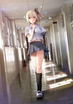 1girl arm_behind_back asakura_ageha black_socks blonde_hair blue_butterfly blue_necktie breasts bug butterfly butterfly_hair_ornament commentary_request full_body grey_skirt hair_ornament hallway highres index_finger_raised insect kneehighs looking_at_viewer medium_breasts midriff navel necktie parted_lips plaid_clothes plaid_skirt pleated_skirt ryouma_(galley) school_uniform shoes skirt socks solo uwabaki walking yellow_butterfly yumeochi_-_yume_de_bokura_wa_koi_ni_ochiru