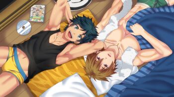 Rule 34 | 2boys, armpits, arms behind head, arms up, black tank top, boxers, briefs, brown hair, bulge, character request, collarbone, commentary, dvd (object), dvd case, english commentary, green male underwear, grey eyes, hair between eyes, highres, kano haruyuki, looking at viewer, lying, male focus, male underwear, mikkoukun, multiple boys, navel, official art, on back, on floor, on ground, open mouth, pectorals, pillow, redrawn, sato hideaki, shiny skin, short hair, sleepover: rewake, smile, tank top, teeth, tongue, towel, towel around neck, underwear, upper teeth only, yellow male underwear