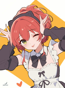 1girl absurdres alternate_costume animal_ear_hairband animal_ears arms_up artist_logo artist_name black_bow black_bowtie black_sleeves bocchi_the_rock! bow bowtie breasts cat_ear_hairband cat_ears detached_sleeves fake_animal_ears green_eyes hair_between_eyes hairband heart highres kita_ikuyo logo looking_at_viewer minusk9 one_eye_closed red_hair sidelocks small_breasts smile solo tongue tongue_out