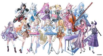 6+girls absurdres ahoge alternate_costume animal_ear_fluff animal_ears antenna_hair aqua_eyes asymmetrical_legwear azki_(hololive) band_(music) belt black_belt black_boots black_bow black_bowtie black_hair black_necktie black_pantyhose black_shoes black_skirt black_thighhighs blonde_hair blue_dress blue_eyes blue_hair blue_shoes boots bow bowtie braid brown_bow brown_bowtie brown_dress brown_shoes candy_hair_ornament closed_mouth clothes_around_waist clothing_cutout commentary_request company_name copyright_notice crossed_bangs dog_ears dog_girl dog_tail dress dress_bow elbow_gloves elf face_jewel fishnet_pantyhose fishnets floating_hair flute food-themed_hair_ornament fortissimo fox_ears fox_girl fox_tail full_body fuwawa_abyssgard glockenspiel gloves grey_shoes hair_between_eyes hair_bow hair_ornament hair_ribbon hairclip hakui_koyori hands_up heterochromia high_heels highres himemori_luna holding holding_flute holding_instrument hololive hololive_dev_is hololive_english horns instrument kikirara_vivi knee_boots kneehighs koseki_bijou la+_darknesss leg_warmers lineup loafers long_dress long_hair long_sleeves looking_at_viewer loose_socks low_twintails mary_janes mococo_abyssgard multicolored_hair multiple_girls music musical_note musical_note_hair_ornament necktie nekoyashiki_pushio official_art one_eye_closed ookami_mio open_mouth orange_skirt otonose_kanade pantyhose pink_bow pink_bowtie pink_dress pink_eyes pink_hair playing_flute playing_instrument pointy_ears ponytail purple_dress purple_eyes purple_hair purple_skirt red_eyes red_hair ribbon sheep_ears sheep_girl sheep_horns shirakami_fubuki shiranui_flare shirt shoes short_hair short_sleeves shoulder_cutout siblings simple_background sisters sitting skirt smile socks socks_over_pantyhose standing standing_on_one_leg streaked_hair symbol-shaped_pupils tail thigh_strap thighhighs tongue tongue_out transparent_background tsunomaki_watame twin_braids twins twintails two-tone_tail uneven_legwear very_long_hair virtual_youtuber white_background white_boots white_bow white_gloves white_hair white_leg_warmers white_shirt white_skirt white_socks wolf_ears wolf_girl wolf_tail yellow_eyes yukihana_lamy