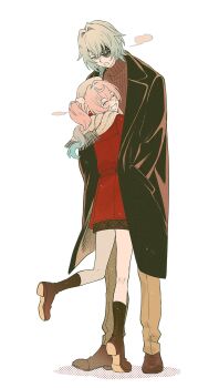 1boy 1girl anaxa_(honkai:_star_rail) bare_legs blush closed_eyes cyx21c green_hair hetero highres honkai:_star_rail honkai_(series) hug hyacine_(honkai:_star_rail) looking_at_another multicolored_hair open_mouth pink_hair simple_background white_background winter