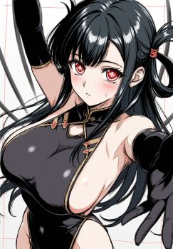 1girl armpits bare_shoulders black_gloves black_hair black_tabard blush breast_curtains breasts bright_pupils brown_eyes collarbone commentary_request covered_navel cross-shaped_pupils elbow_gloves gloves hair_rings kuniruri_natsuki large_breasts long_hair looking_at_viewer mole mole_under_eye naked_tabard nanathuki no_panties nue_no_onmyouji sideboob sidelocks solo symbol-shaped_pupils tabard thighs