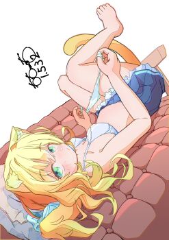 1girl :/ animal_ear_fluff animal_ears artist_name barefoot blonde_hair blush bow bow_bra bow_panties bra breasts cat_ears cat_girl cat_tail couch dot_nose dutch_angle expressionless green_eyes hair_between_eyes hair_intakes highres long_hari looking_at_viewer looking_to_the_side lying medium_breasts on_back original panties panty_pull parted_bangs pillow pleated_skirt signature simple_background skirt solo tail thighs totomoto underwear white_background white_bra white_panties