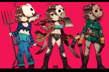 1girl :o abs ahoge axe bag_over_head bishoujo_terror blood blood_on_clothes bloody_weapon blue_eyes breasts brown_eyes brown_jacket chibi denim evil_smile evolution eyebrows flannel friday_the_13th gloves green_shirt horror_(theme) jacket jason_voorhees jason_voorhees_(kotobukiya_bishoujo) jeans kain_(hurghada) knife kotobukiya_bishoujo large_breasts machete mask_over_one_eye no_pants overalls pants pickaxe pitchfork shirt signature smile torn_clothes torn_shirt transformation weapon yellow_gloves zombie