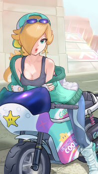 1girl aqua_jacket backwards_hat bare_shoulders blonde_hair blue_eyes blue_jacket blue_leggings boots breasts cleavage collarbone commentary_request earrings eyewear_on_head fingerless_gloves gloves grey_tank_top hair_over_one_eye hat highres jacket jewelry kurere1202 large_breasts leggings long_hair long_sleeves looking_at_viewer luma_(mario) mach_rocket_(mario) mario_(series) mario_kart mario_kart_world motor_vehicle motorcycle nintendo official_alternate_costume on_motorcycle open_mouth outdoors partially_open_jacket ponytail rosalina rosalina_(touring) solo star_(symbol) star_earrings sunglasses tank_top white_boots white_gloves
