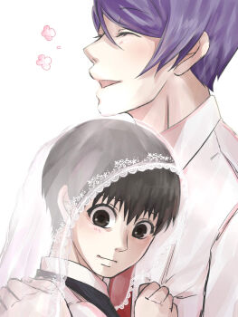 Rule 34 | 2boys, black hair, blush, bridal veil, closed mouth, commentary request, from side, hand on another's back, hand on another's chest, height difference, highres, kaneki ken, multiple boys, open mouth, profile, purple hair, see-through clothes, see-through veil, shirt, shishi (eai make), short hair, shy, simple background, spoken flower, swept bangs, tokyo ghoul, tsukiyama shuu, upper body, veil, white background, white shirt, yaoi