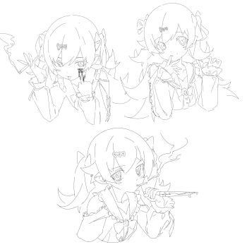 1girl absurdres arm_at_side bags_under_eyes between_fingers blood bloody_knife blush_stickers bow bowtie brooch cigarette clothing_cutout cropped_torso curled_fingers dot_nose flipped_hair frilled_sailor_collar frilled_sleeves frills hair_between_eyes hair_bow hair_flaps hair_ornament hand_to_own_mouth hands_up heart heart_hair_ornament heart_ornament highres holding holding_cigarette holding_knife jewelry jirai_kei knife lineart long_hair long_sleeves looking_at_viewer middle_finger monogatari_(series) multiple_views oshino_shinobu parted_lips pointy_ears ringed_eyes sailor_collar sailor_shirt shirt shishirui_san shoulder_cutout smoking solo swept_bangs tongue tongue_out twintails upper_body very_long_hair