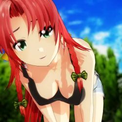 1girl 3d animated breasts cleavage denim denim_shorts downblouse earrings green_eyes hanging_breasts hong_meiling jewelry jiggle leaning_forward long_hair looking_at_viewer lowres medium_breasts mofumoko5 red_hair shorts solo thighs touhou video
