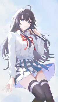 1girl absurdres ahoge black_hair black_thighhighs blue_eyes blue_skirt breasts commentary_request hair_ribbon hand_up highres long_hair miniskirt parted_lips plaid_clothes plaid_skirt pleated_skirt ribbon school_uniform shiro_font shirt skirt solo thighhighs very_long_hair white_shirt yahari_ore_no_seishun_lovecome_wa_machigatteiru. yukinoshita_yukino zettai_ryouiki