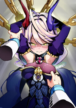 1girl 1other absurdres armpits arms_behind_head asymmetrical_horns biting_own_lip breasts chain cleavage commentary_request dentosaginuma detached_sleeves dress duel_masters duel_masters_play&#039;s grabbing_another&#039;s_arm grey_hair hair_between_eyes hair_ornament hand_in_another&#039;s_clothes highres horns long_hair low_twintails nero_gryphis_(duel_masters) off-shoulder_dress off_shoulder pov pov_hands purple_dress purple_horns red_horns restrained see-through_cleavage see-through_clothes sweatdrop tears twintails very_long_hair yellow_eyes