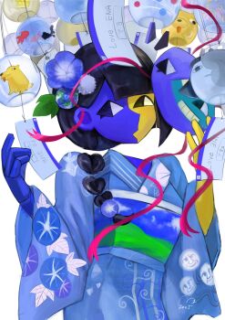 alternate_hair_length alternate_hairstyle black_hair blue_kimono blue_skin braid colored_skin earth_(ornament) ena_(ena) ena_(series) ena_(species) ena_(web_series) floating_head highres holding holding_mask hourglass_dog japanese_clothes kimono low_poly mask mask_(ena) moony_(ena) multicolored_skin sad_ena single_braid split-color_skin two-tone_skin usagimarumei yellow_skin