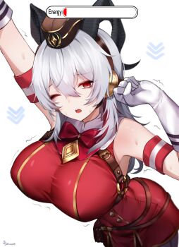 1girl absurdres arm_up armpits bare_shoulders black_horns breasts commentary cosplay curled_horns dress english_commentary gloves gold_ship_(red_strife)_(umamusume) gold_ship_(umamusume) gold_ship_(umamusume)_(cosplay) grey_hair hair_between_eyes headphones highres horns large_breasts long_hair looking_at_viewer mole mole_under_eye multicolored_hair one_eye_closed open_mouth red_dress red_eyes signature simple_background solo streaked_hair stretching suraimuvmv sweat sweatband trembling ueda_hitomi umamusume user_interface voice_actor_connection white_background white_gloves wuthering_waves zani_(wuthering_waves)