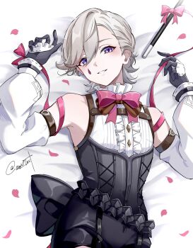 Rule 34 | 1boy, artist name, back bow, bed sheet, black bow, black corset, black gloves, blush, bow, bowtie, brown bow, brown bowtie, buttons, center frills, commentary, corset, detached sleeves, facial mark, frilled shirt collar, frills, genshin impact, gloves, grey hair, hair between eyes, hands up, highres, kuromuru, long sleeves, looking at viewer, lying, lyney (genshin impact), male focus, multicolored gloves, multicolored hair, on back, parted bangs, parted lips, petals, purple eyes, red bow, red bowtie, red ribbon, red streaks, ribbon, shirt, short hair, sleeveless, sleeveless shirt, smile, solo, streaked hair, swept bangs, teardrop facial mark, twitter username, two-tone gloves, untranslatable commentary, wand, white gloves, white shirt, white sleeves