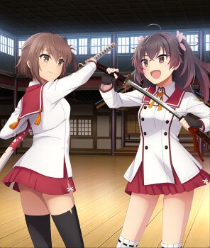 2girls :d ahoge asakura_mihono black_gloves black_ribbon black_thighhighs breasts brown_eyes brown_hair buttons closed_mouth day dojo dot_nose double-breasted drawing_sword etou_kanami fingerless_gloves flower game_cg gloves gradient_hair hair_flower hair_ornament hair_ribbon holding holding_sword holding_weapon indoors katana long_sleeves medium_hair minoseki_gakuin_uniform multicolored_hair multiple_girls official_art one_side_up open_mouth pink_flower red_eyes red_hair red_sailor_collar red_skirt ribbon sailor_collar school_uniform sheath shirt short_hair skirt small_breasts smile striped_clothes striped_thighhighs sword tassel thighhighs third-party_source toji_no_miko toji_no_miko:_kizamishi_issen_no_tomoshibi unsheathing vertical-striped_clothes vertical-striped_thighhighs weapon white_shirt white_thighhighs window wooden_floor yellow_ribbon zettai_ryouiki