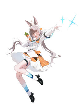 Rule 34 | 1girl, absurdres, animal ears, arknights, brown hair, dress, frilled hairband, frills, grey hair, hairband, highres, holding, long hair, long sleeves, looking at viewer, open mouth, orange eyes, rabbit ears, rabbit girl, ribbon, shirt, skirt, smile, solo, user xmjp4848, warmy (arknights)