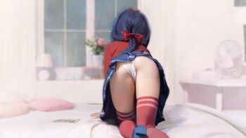 1girl ass ass_focus blue_hair blue_skirt braid flower flower_pot from_behind ghostly_mita_(miside) highres indoors miside on_bed panties red_thighhighs single_braid skirt solo sweetonedollar thighhighs underwear white_panties window