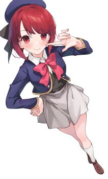 1girl arima_kana blue_headwear blue_jacket brown_footwear closed_mouth grey_skirt happy hat hat_ribbon highres jacket looking_at_viewer oshi_no_ko profnote red_eyes red_hair ribbon school_uniform short_hair skirt smile socks white_socks youtou_high_school_uniform