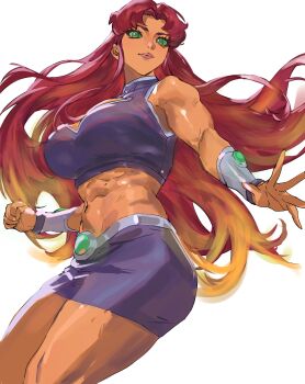 1girl absurdres breasts cleavage colored_sclera colored_skin dc_comics green_eyes green_sclera highres large_breasts long_hair looking_at_viewer muscular muscular_female navel orange_skin purple_skirt purple_tank_top red_hair skirt smile solo starfire taiyang_yu tamaranean tank_top teen_titans thighs white_background