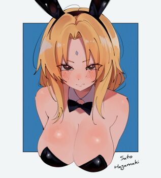 Rule 34 | 1girl, alternate costume, animal ear hairband, animal ears, artist name, bare shoulders, black bow, black bowtie, black hairband, blonde hair, blue background, blush, bow, bowtie, breasts, bright pupils, brown eyes, closed mouth, fake animal ears, hairband, highres, large breasts, looking at viewer, naruto (classic), naruto (series), playboy bunny, rabbit ear hairband, rabbit ears, sato hagamaki, sidelocks, solo, tsunade (naruto), upper body, white background, white pupils
