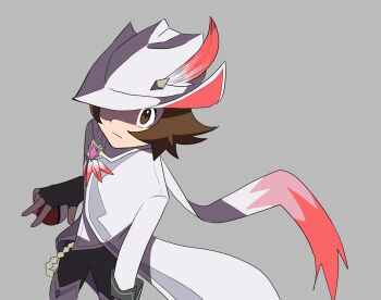 1boy brown_eyes brown_hair enohito fingerless_gloves gloves grey_background hat highres hilbert_(champion)_(pokemon) hilbert_(pokemon) holding holding_poke_ball male_focus nintendo partially_shaded_face poke_ball poke_ball_(basic) pokemon pokemon_masters_ex simple_background solo white_hat