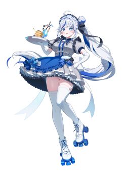 Rule 34 | 1girl, absurdres, ahoge, aokumo rin, apron, blue apron, blue eyes, blue hair, cake, cloud hair ornament, commentary, dress, elbow gloves, food, full body, garter straps, gloves, grey dress, grey hair, hand on own hip, highres, long hair, looking at viewer, maid, maid headdress, mearyo, multicolored hair, open mouth, panties, puffy short sleeves, puffy sleeves, short sleeves, simple background, smile, solo, standing, stellive, streaked hair, thighhighs, tray, underwear, very long hair, virtual youtuber, white background, white garter straps, white gloves, white panties, white thighhighs, zettai ryouiki