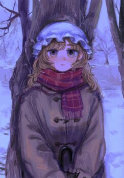 Rule 34 | 1girl, black umbrella, blonde hair, blush, coat, expressionless, hat, highres, holding, holding umbrella, kihaji140, maribel hearn, mob cap, plaid clothes, plaid scarf, red scarf, scarf, snow, solo, touhou, tree, trench coat, umbrella, upper body, white hat, yellow eyes