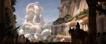 1girl absurdres ancient_egyptian ancient_egyptian_architecture animal blue_sky bobcat commentary english_commentary felixriano flock from_behind giant_snake highres leaf original oversized_animal people pillar riding riding_animal scenery sky snake statue tower