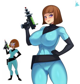 1girl belt blue_bodysuit blunt_bangs blunt_ends bob_cut bodysuit brown_hair cameltoe covered_erect_nipples cowboy_shot curvy danny_phantom derivative_work gun highres holding holding_gun holding_weapon impossible_bodysuit impossible_clothes jmg looking_at_viewer maddie_fenton mature_female purple_eyes reference_work short_hair signature simple_background skin_tight smile solo weapon white_background