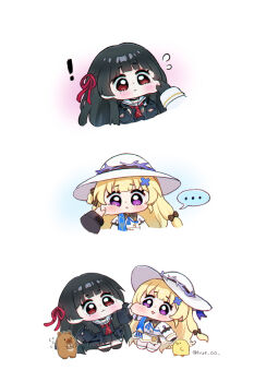 ! ... 2girls baby_animal bird black_gloves black_hair black_jacket black_serafuku black_shirt black_skirt blonde_hair blue_sash capybara cheek_pull chibi chibi_only chick chisa_(wuthering_waves) closed_mouth commentary flying_sweatdrops gloves hair_ornament hair_ribbon hat highres hue_oo jacket long_hair long_sleeves multiple_girls namipon_(wuthering_waves) neckerchief pantyhose phoebe_(wuthering_waves) purple_eyes red_eyes red_neckerchief red_ribbon ribbon sailor_collar sash school_uniform serafuku shirt simple_background skirt spoken_ellipsis symbol-only_commentary white_background white_hat white_pantyhose white_sailor_collar white_shirt white_skirt wuthering_waves x_hair_ornament