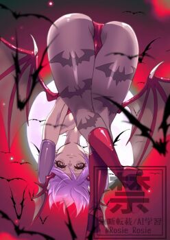 1girl animal_print ass bat_print bent_over boots darkstalkers demon_girl demon_wings full_body head_wings high_heel_boots high_heels leotard lilith_(darkstalkers) night pantyhose print_pantyhose purple_eyes purple_hair red_boots red_leotard rosie_rosie short_hair solo watermark wings