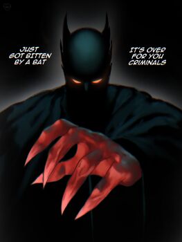 1boy absurdres aura batman batman_(series) black_background black_cloak claws cloak dc_comics devovas english_text glowing glowing_eyes highres horns male_focus solo upper_body