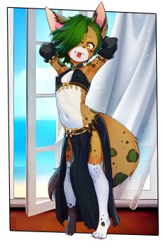 1girl absurdres animal_ears arms_behind_head border covered_erect_nipples dancer detached_sleeves flat_chest full_body furry furry_female green_hair hair_over_one_eye highres looking_at_viewer moneymop navel open_mouth original pelvic_curtain solo tail tiger_ears tiger_girl tiger_tail transparent_border yellow_eyes