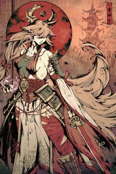 1girl akramness alternate_costume animal_ears armor bandaged_leg bandages bare_shoulders breasts closed_mouth detached_sleeves electricity feet_out_of_frame fingernails floppy_ears fox_ears fox_girl fox_tail genshin_impact glowing glowing_eyes hair_between_eyes highres holding holding_sword holding_weapon japanese_armor japanese_clothes katana kusazuri legs_apart lips long_bangs long_hair looking_down low-tied_long_hair medium_breasts multiple_tails outstretched_arm pelvic_curtain pink_hair red_bandage shoulder_armor sideboob sleeves_past_wrists sode solo standing suneate sword tail very_long_hair weapon wide_sleeves yae_miko